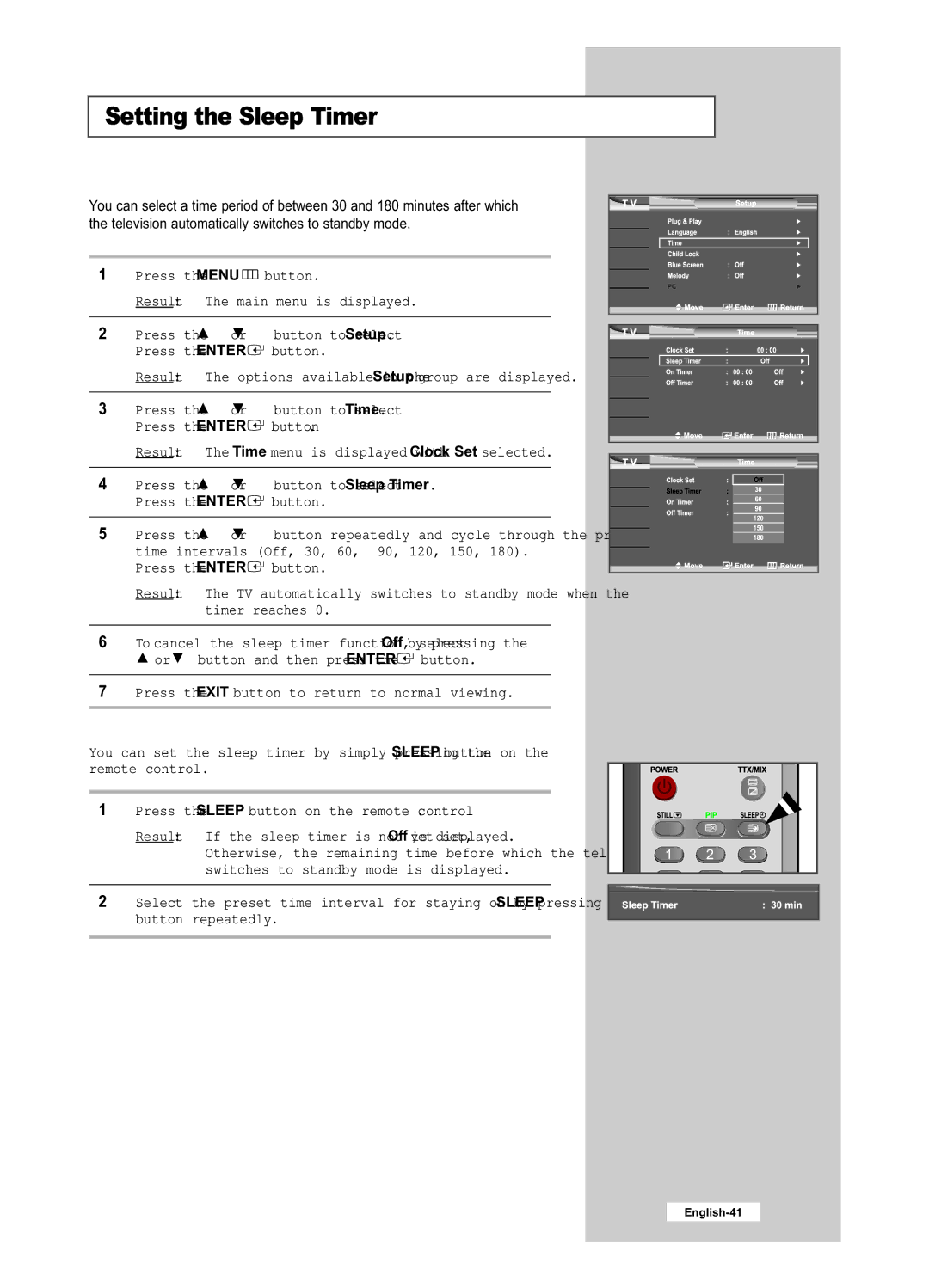 Samsung LE32R41B, LE40R51B, LE26R51B, LE26R41B, LE32R51B manual Setting the Sleep Timer 