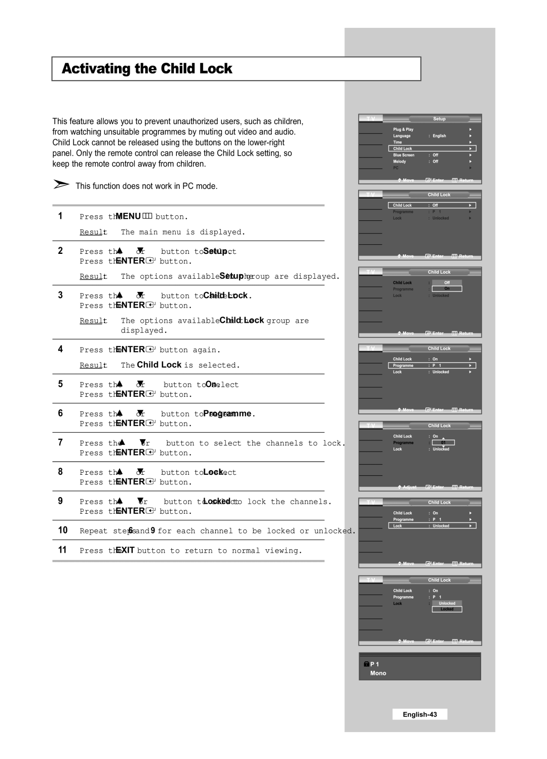 Samsung LE40R51B, LE26R51B, LE26R41B, LE32R41B, LE32R51B manual Activating the Child Lock 