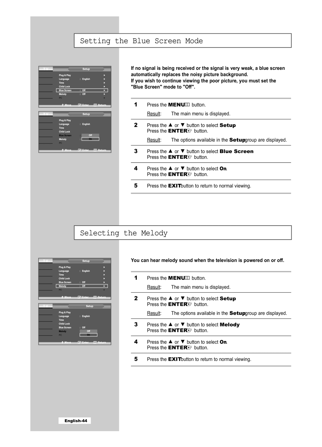 Samsung LE26R51B, LE40R51B, LE26R41B, LE32R41B, LE32R51B manual Setting the Blue Screen Mode, Selecting the Melody 