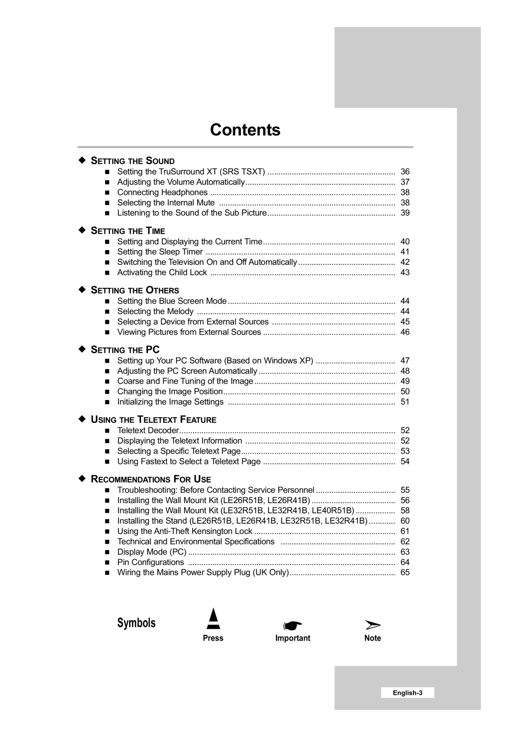 Samsung LE40R51B, LE26R51B, LE26R41B, LE32R41B, LE32R51B manual Press, Recommendations for USE 