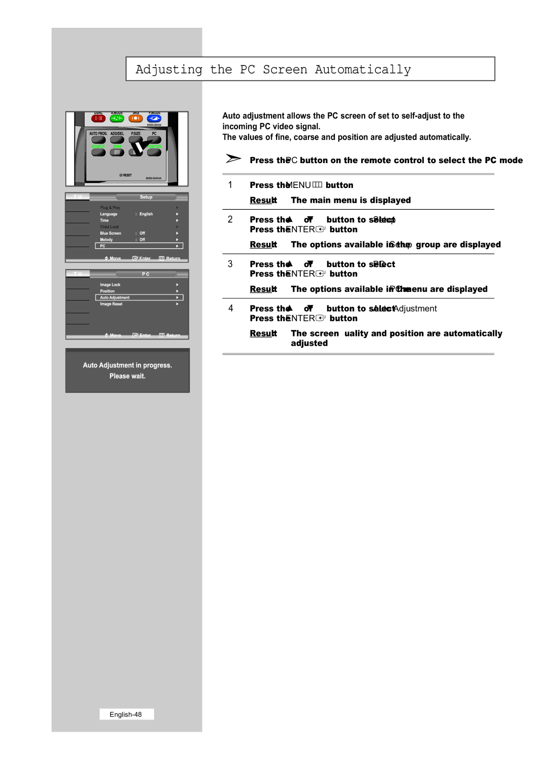 Samsung LE40R51B, LE26R51B, LE26R41B, LE32R41B, LE32R51B manual Adjusting the PC Screen Automatically 