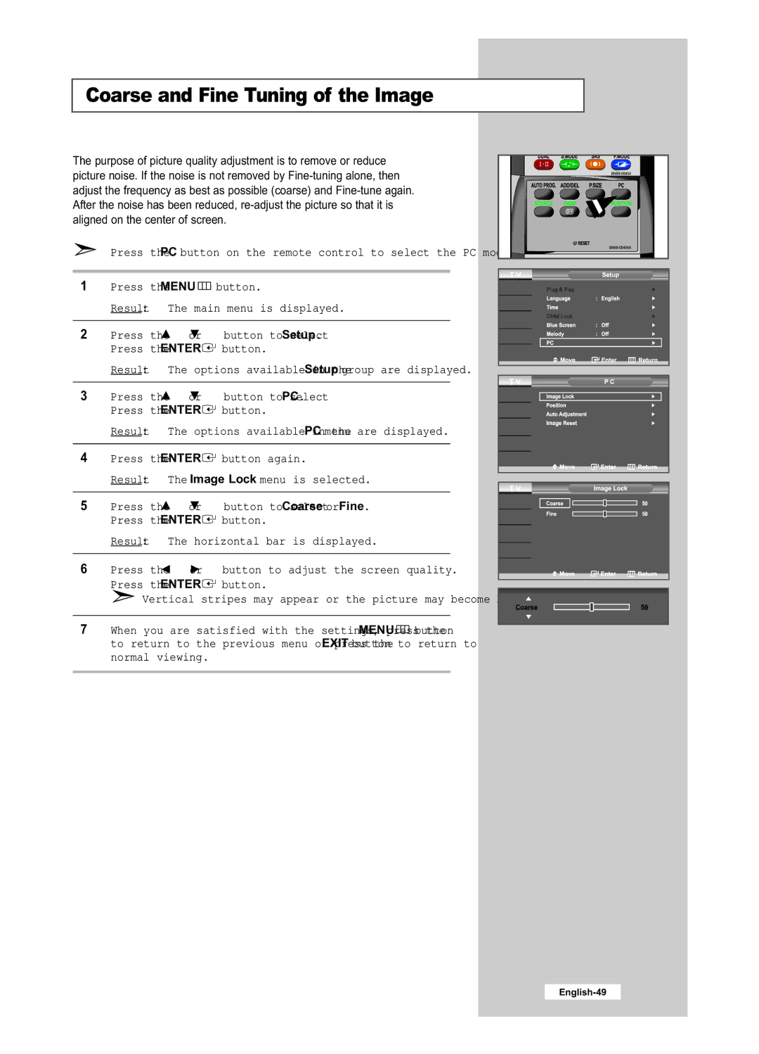 Samsung LE26R51B, LE40R51B, LE26R41B, LE32R41B, LE32R51B manual Coarse and Fine Tuning of the Image 