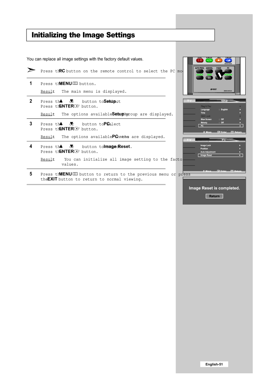 Samsung LE32R41B, LE40R51B, LE26R51B, LE26R41B, LE32R51B manual Initializing the Image Settings 