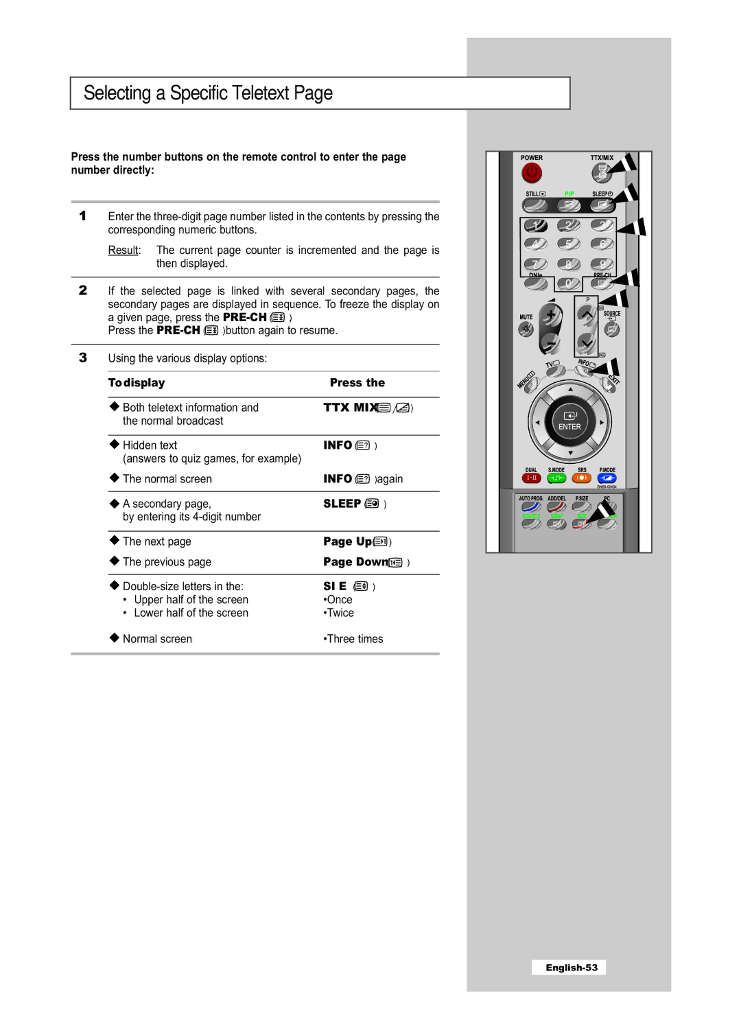 Samsung LE40R51B, LE26R51B, LE26R41B, LE32R41B, LE32R51B manual Selecting a Specific Teletext, To display Press, Down 