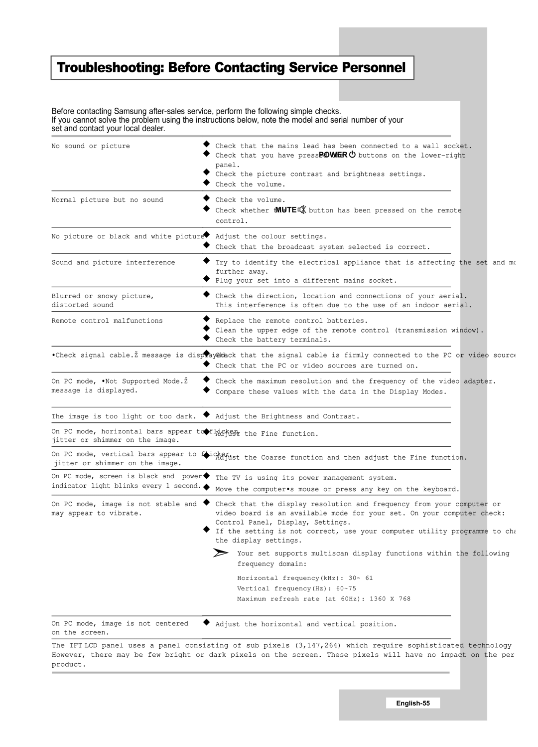 Samsung LE26R41B, LE40R51B, LE26R51B, LE32R41B, LE32R51B manual Troubleshooting Before Contacting Service Personnel 