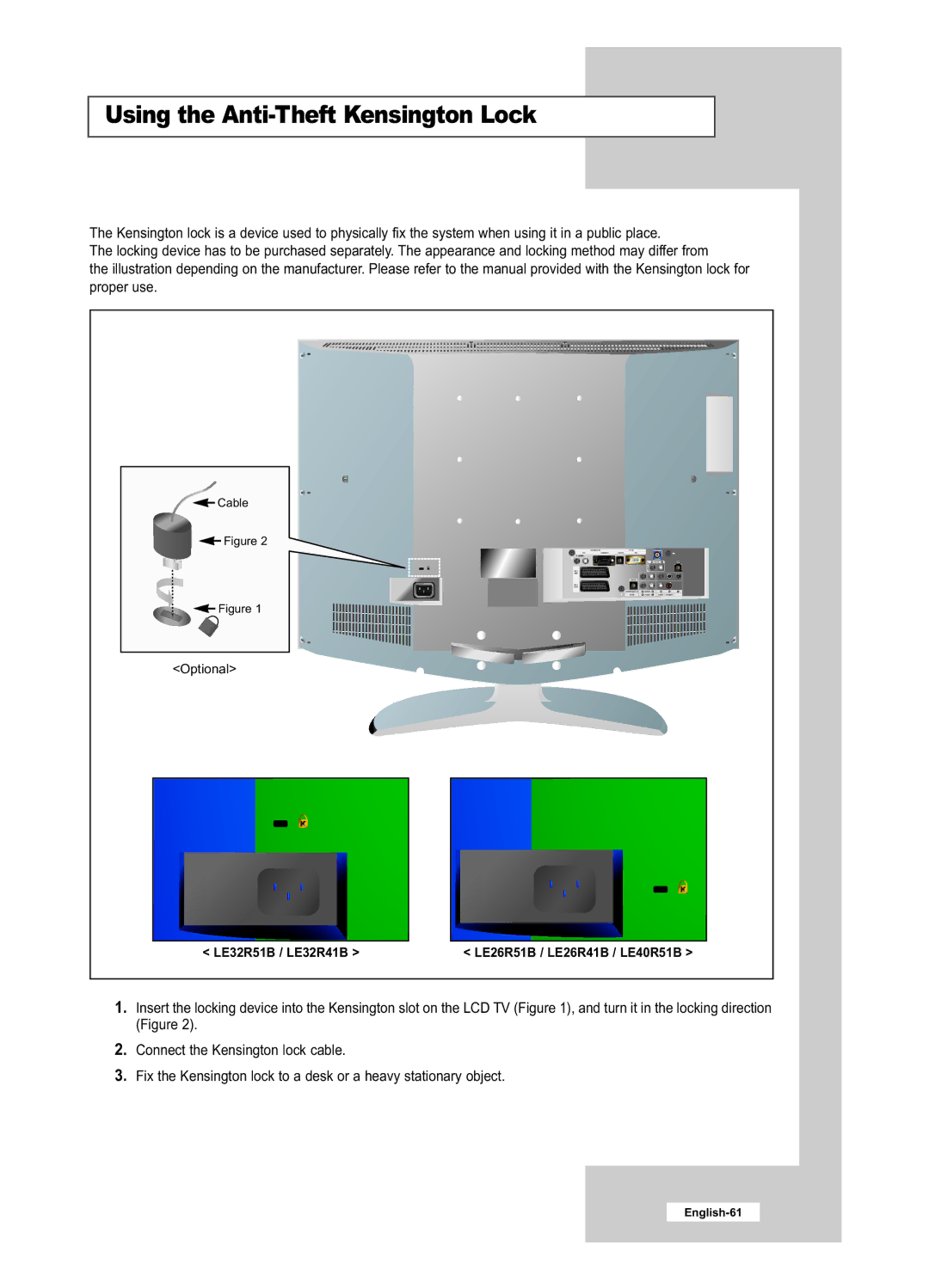 Samsung LE32R41B, LE40R51B, LE26R51B, LE26R41B, LE32R51B manual Using the Anti-Theft Kensington Lock 