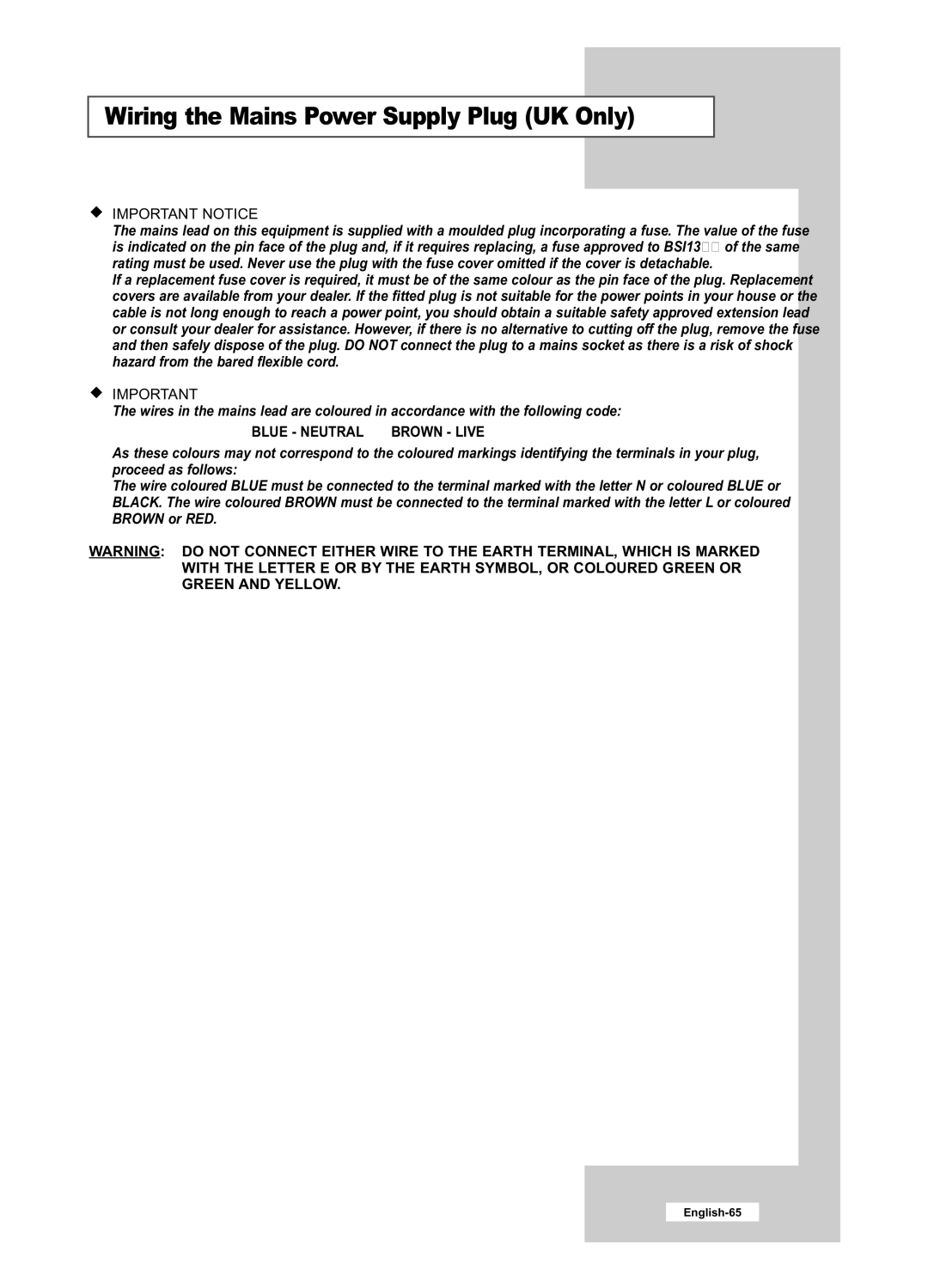 Samsung LE26R41B, LE40R51B, LE26R51B, LE32R41B, LE32R51B manual Wiring the Mains Power Supply Plug UK Only, Important Notice 