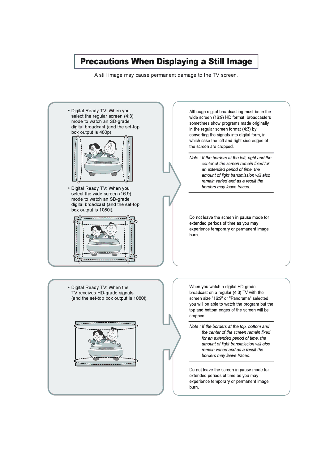 Samsung LE32R51B manual Precautions When Displaying a Still Image, Still image may cause permanent damage to the TV screen 