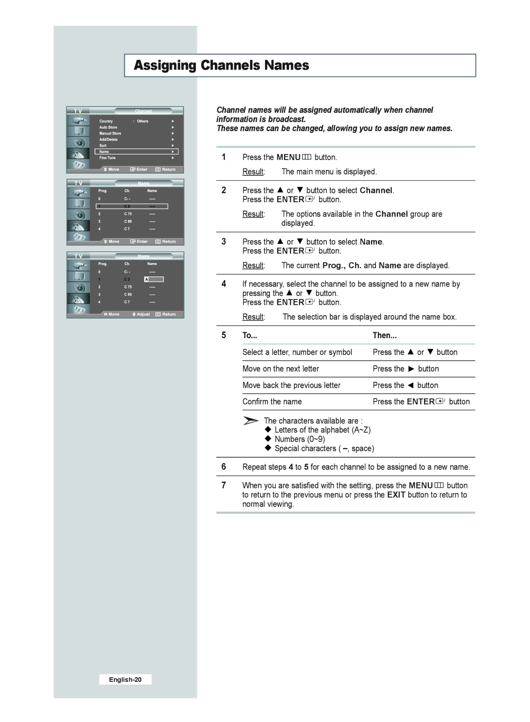 Samsung LE32R51B, LE40R51B, LE26R51B, LE32R52B manual Assigning Channels Names, Then 