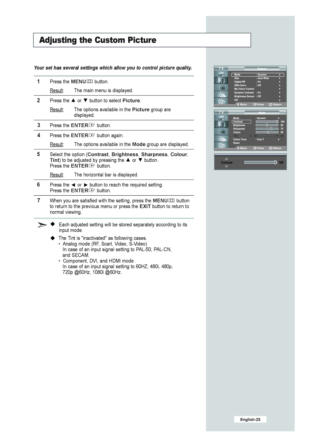 Samsung LE26R51B, LE40R51B, LE32R51B, LE32R52B manual Adjusting the Custom Picture 