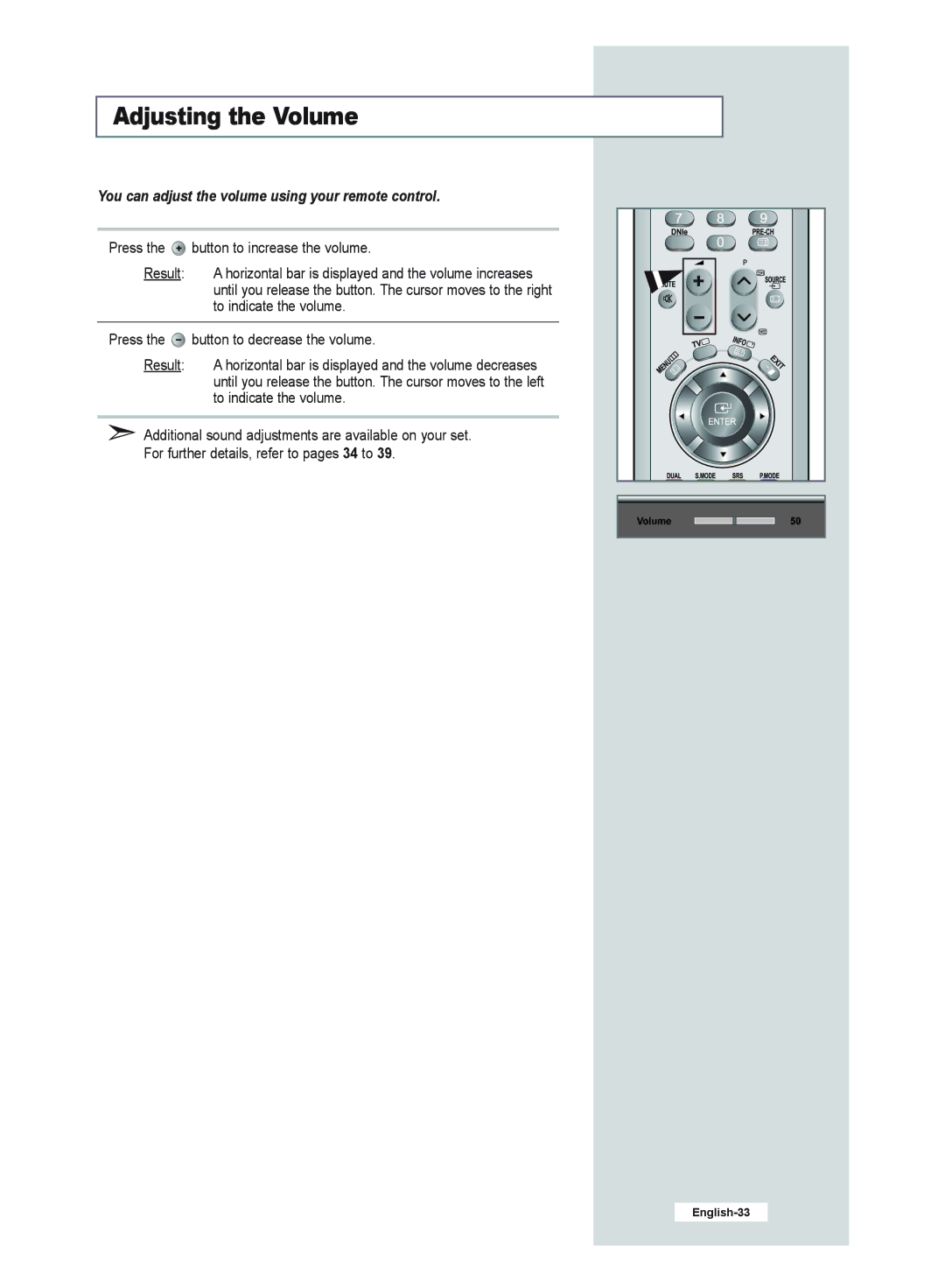 Samsung LE32R52B, LE40R51B, LE26R51B, LE32R51B Adjusting the Volume, You can adjust the volume using your remote control 