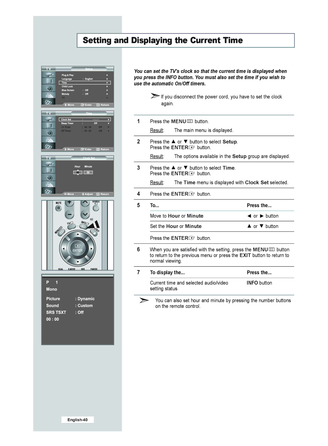 Samsung LE32R51B, LE40R51B, LE26R51B, LE32R52B manual Setting and Displaying the Current Time, To display 