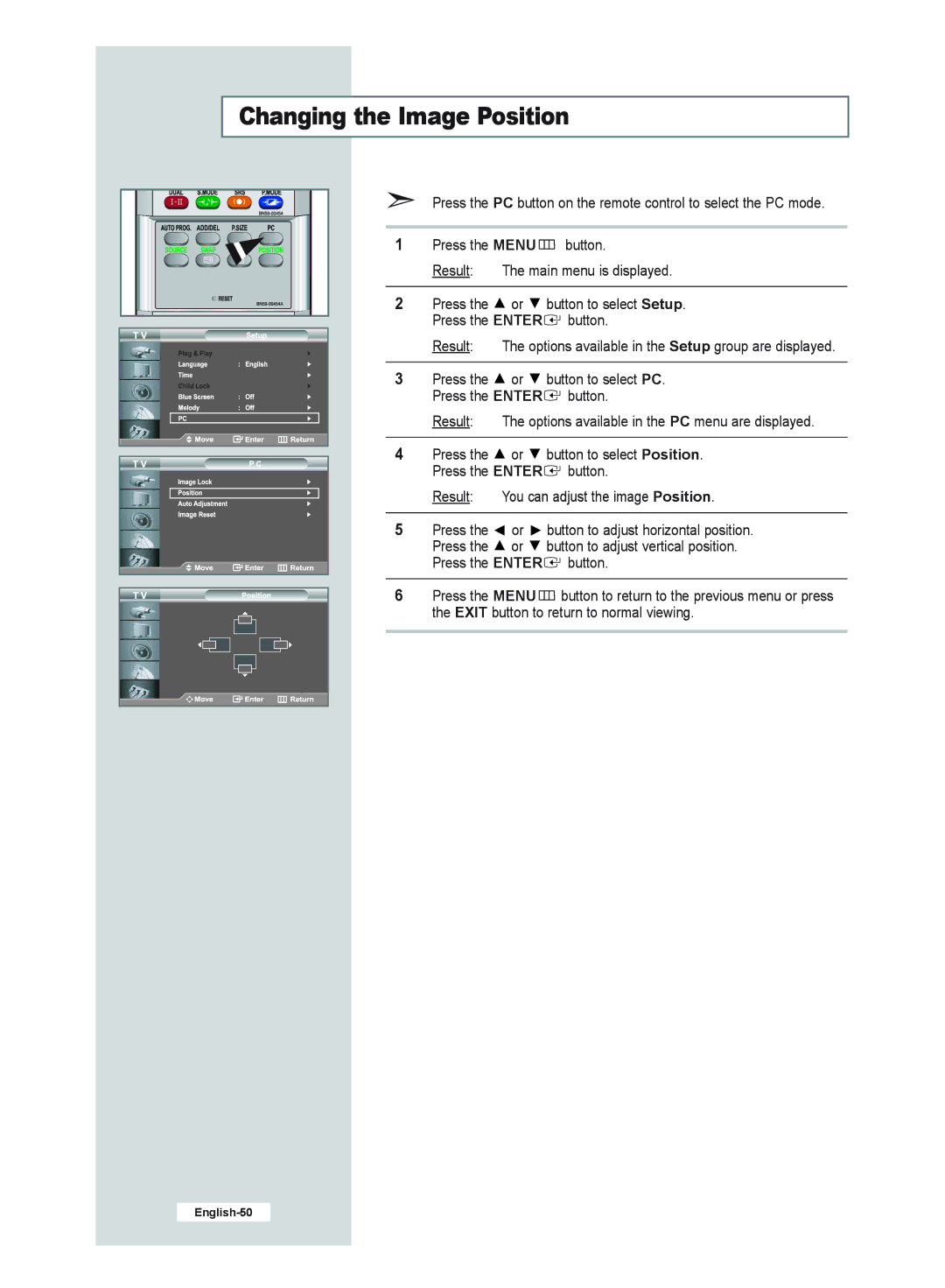 Samsung LE40R51B, LE26R51B, LE32R51B, LE32R52B manual Changing the Image Position 