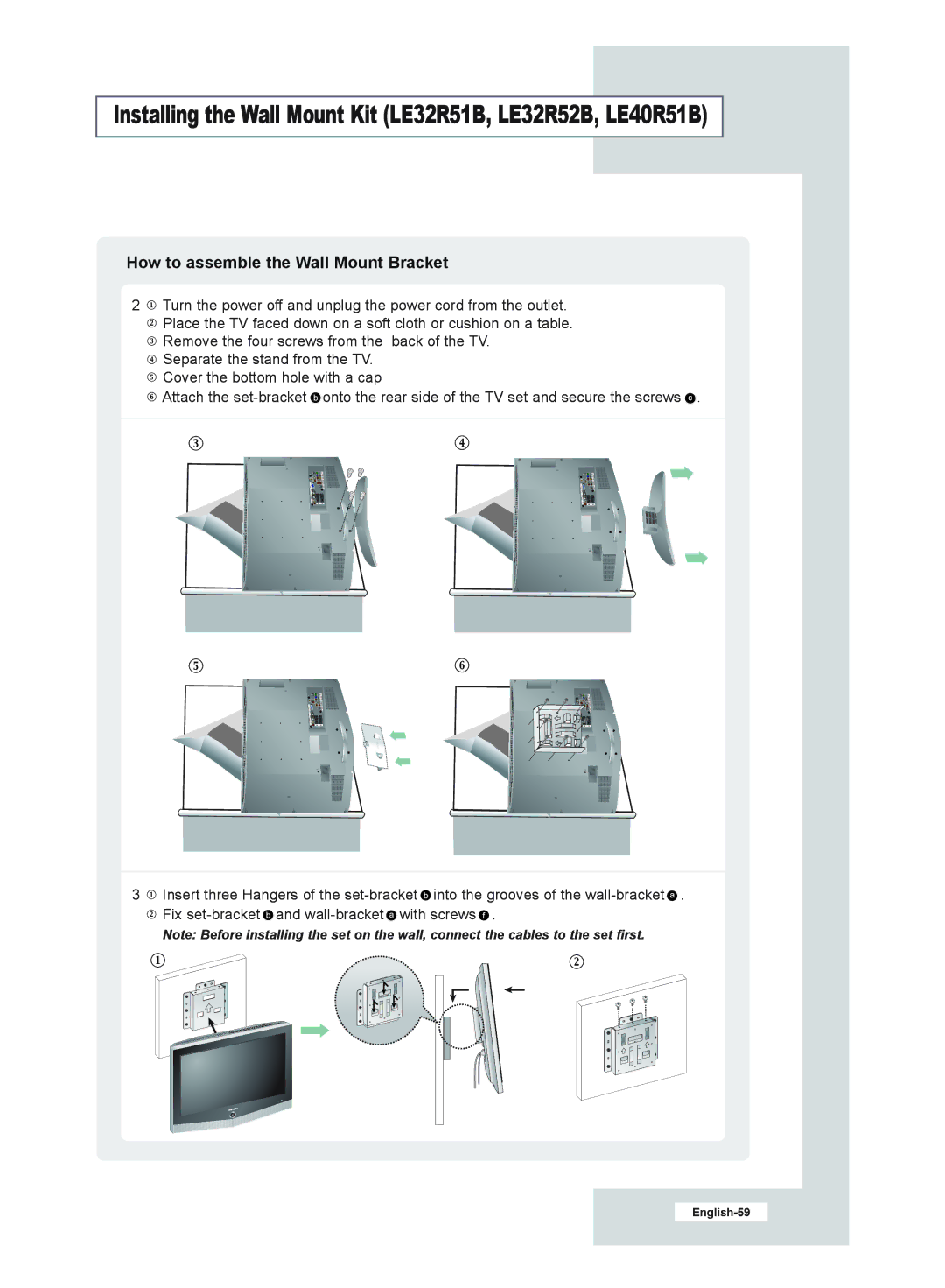 Samsung LE26R51B manual Installing the Wall Mount Kit LE32R51B, LE32R52B, LE40R51B 