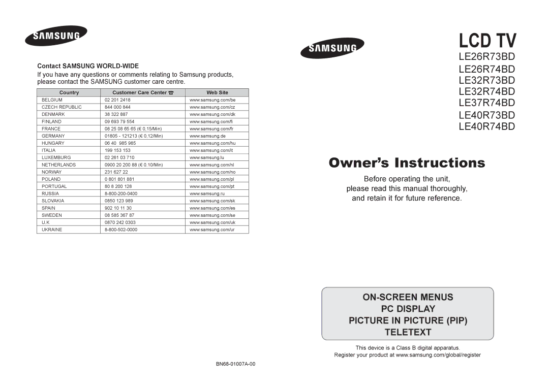 Samsung LE37R74BD, LE40R73BD, LE32R73BD, LE40R74BD, LE32R74BD, LE26R73BD, LE26R74BD manual Lcd Tv 