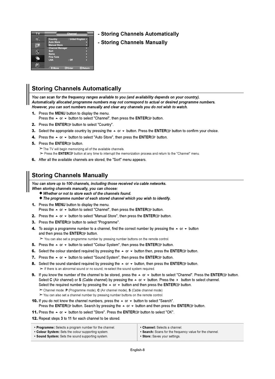 Samsung LE40R74BD, LE40R73BD, LE37R74BD, LE32R73BD, LE32R74BD manual Storing Channels Automatically, Storing Channels Manually 