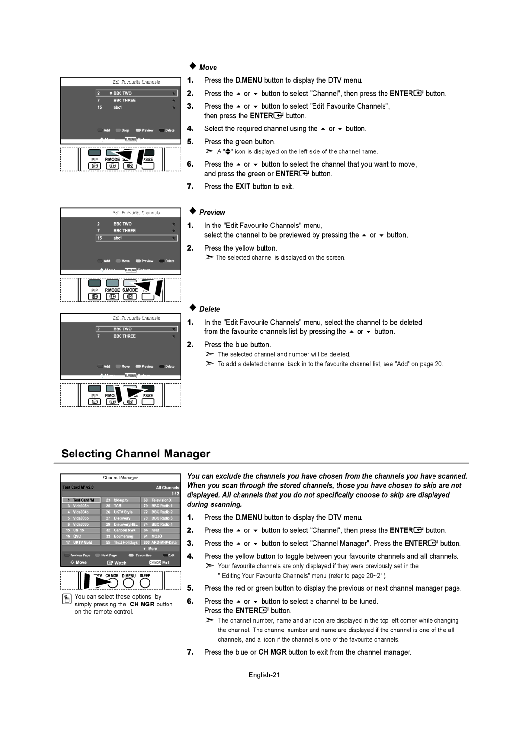 Samsung LE32R73BD, LE40R73BD, LE37R74BD, LE40R74BD Selecting Channel Manager, Move, Preview, Delete, Press the blue button 