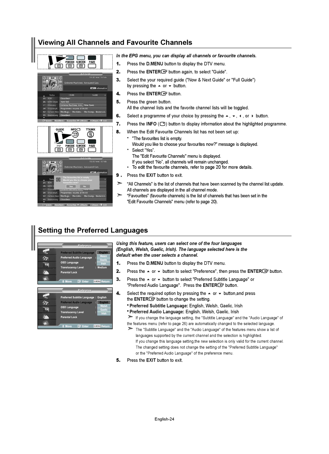 Samsung LE26R73BD, LE40R73BD, LE37R74BD manual Viewing All Channels and Favourite Channels, Setting the Preferred Languages 