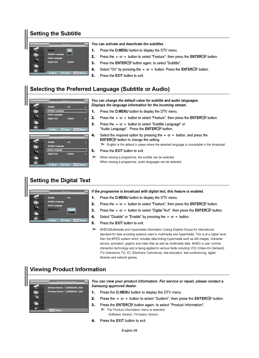 Samsung LE40R73BD manual Setting the Subtitle, Selecting the Preferred Language Subtitle or Audio, Setting the Digital Text 