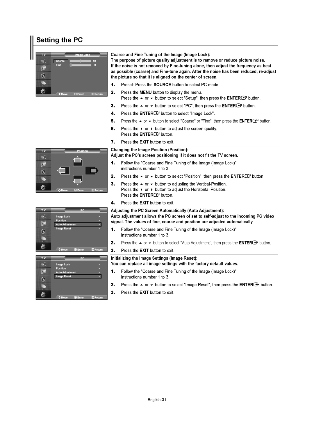 Samsung LE26R73BD, LE40R73BD, LE37R74BD, LE32R73BD Setting the PC, Adjusting the PC Screen Automatically Auto Adjustment 