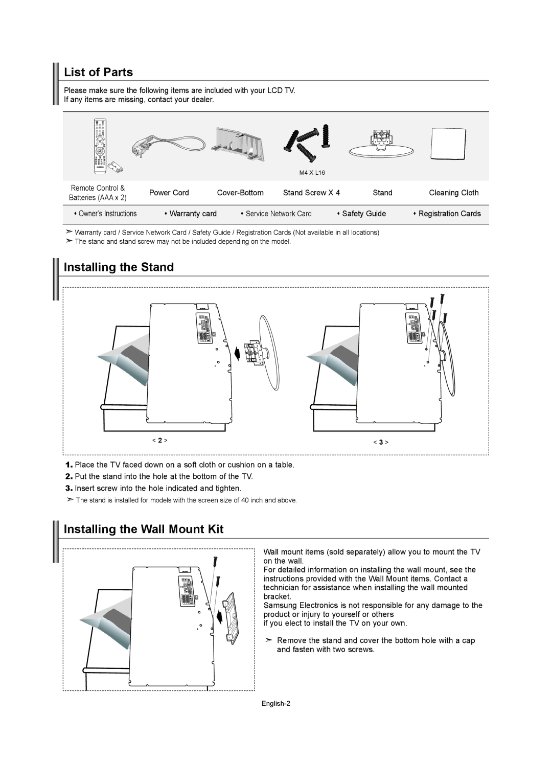 Samsung LE32R74BD, LE40R73BD, LE37R74BD, LE32R73BD manual List of Parts, Installing the Stand, Installing the Wall Mount Kit 