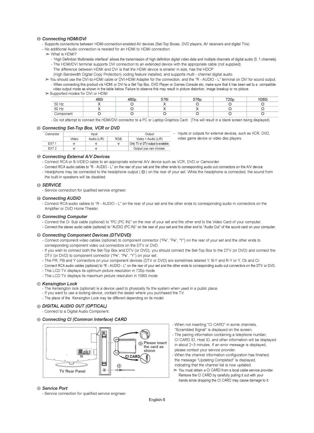 Samsung LE40R73BD Connecting HDMI/DVI, Connecting Set-Top Box, VCR or DVD, Connecting External A/V Devices, Service Port 