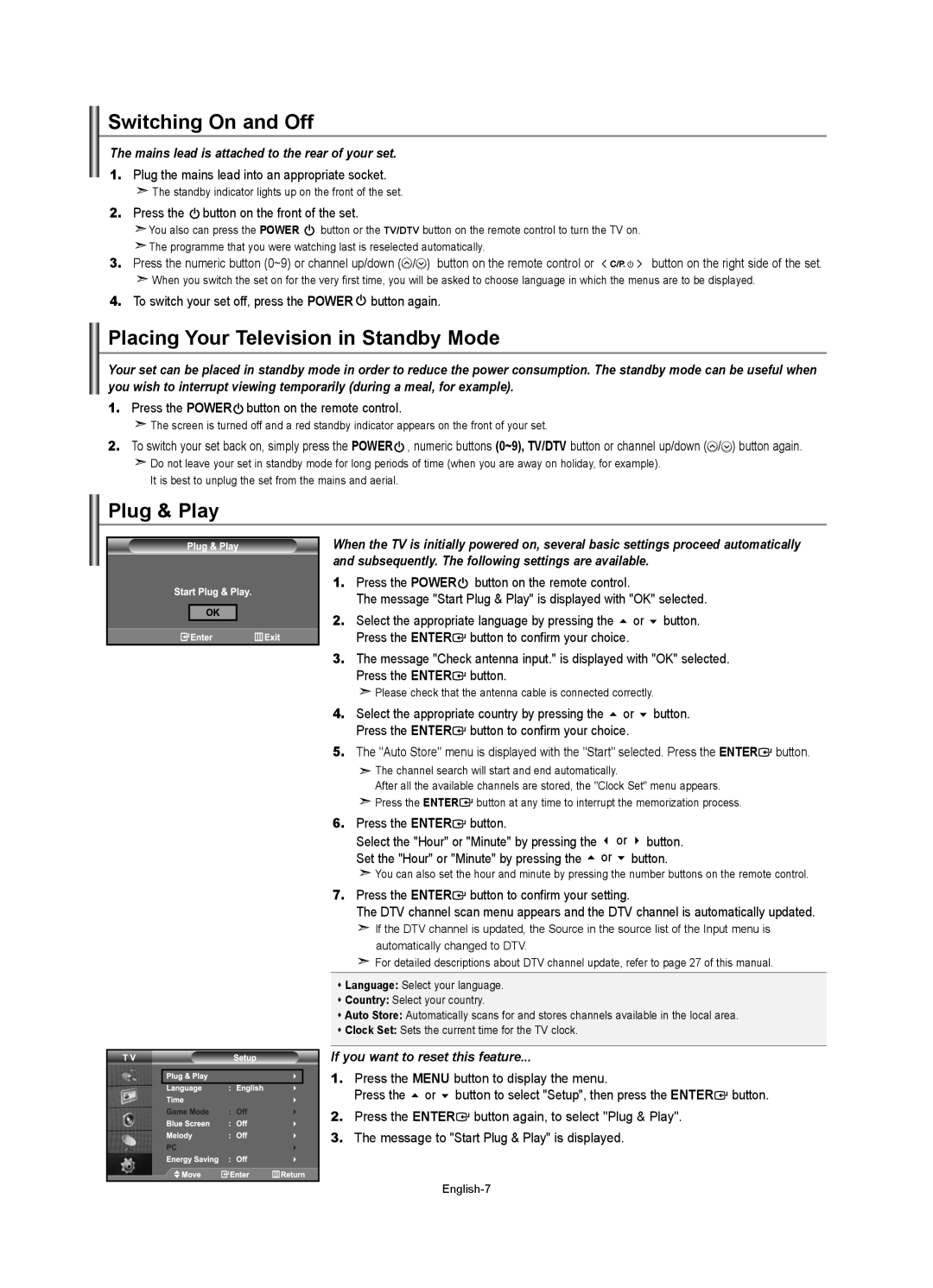 Samsung LE32R73BD, LE40R73BD, LE37R74BD manual Switching On and Off, Placing Your Television in Standby Mode, Plug & Play 