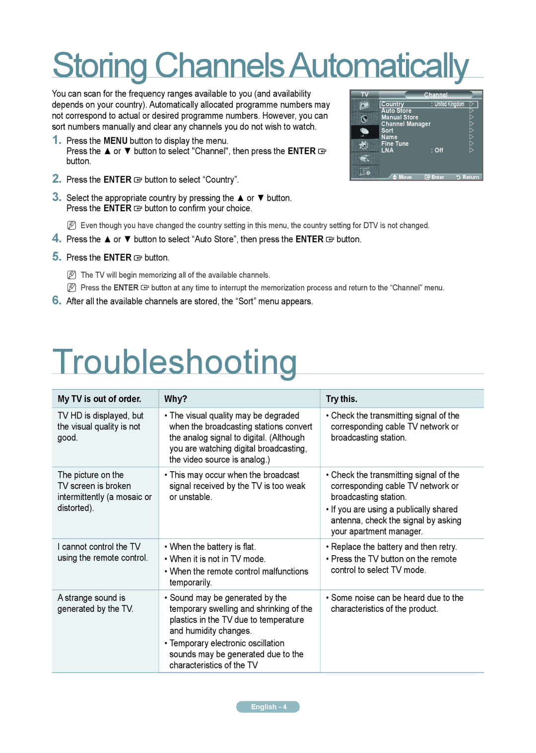 Samsung LE46A796R2W quick start Storing ChannelsAutomatically, Troubleshooting, My TV is out of order Why? Try this 