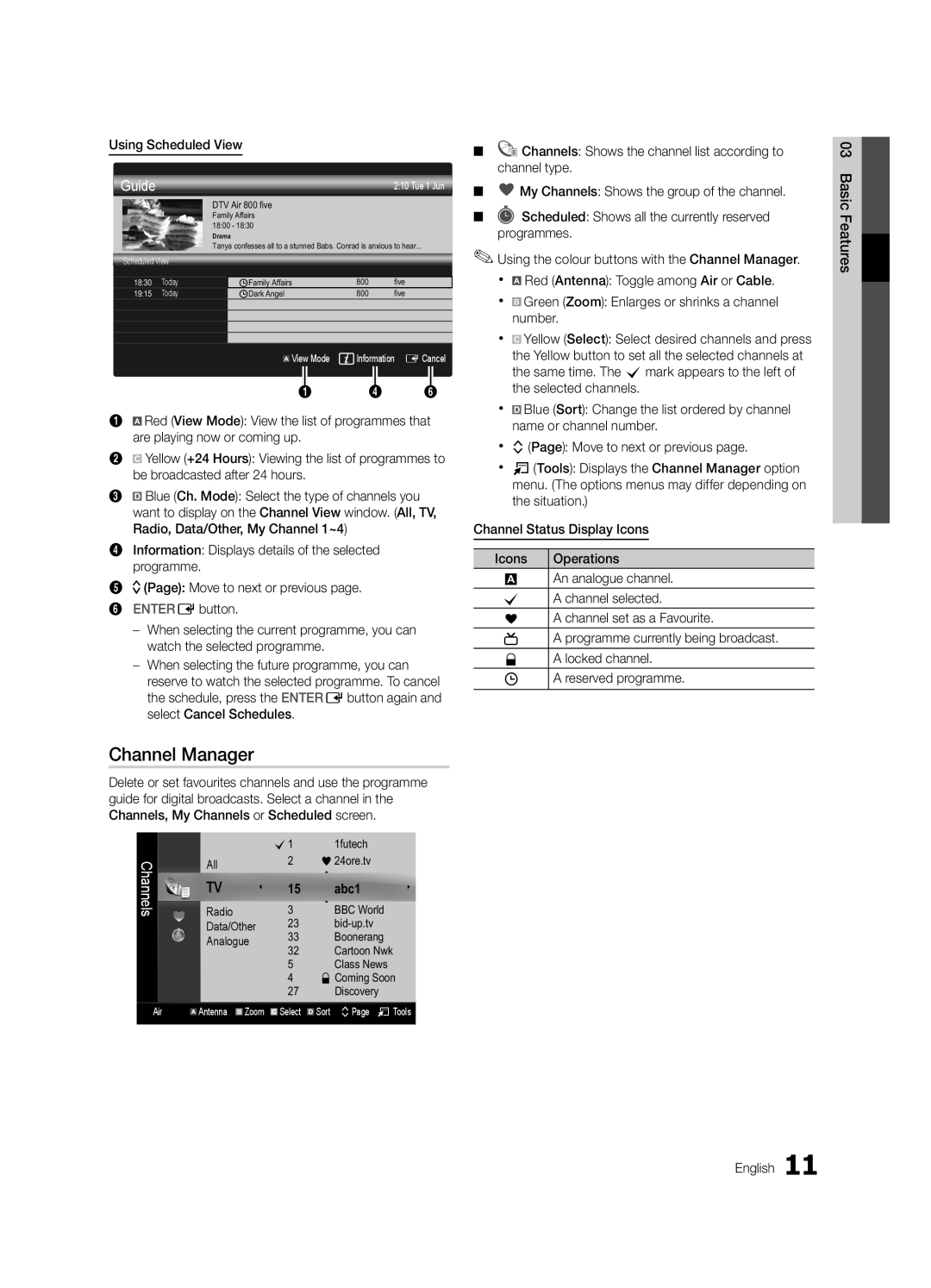 Samsung LE32C530 Channel Manager, Using Scheduled View, Channel Status Display Icons Operations, Reserved programme 