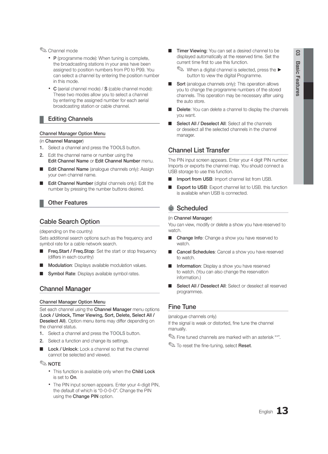 Samsung LE40C530, LE46C530, LE37C530, LE32C530 user manual Cable Search Option, Channel List Transfer, Scheduled, Fine Tune 