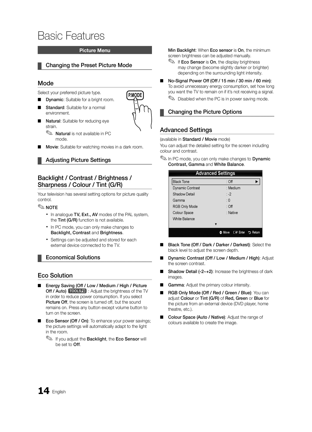 Samsung LE37C530, LE46C530, LE40C530, LE32C530 user manual Mode, Eco Solution, Advanced Settings 