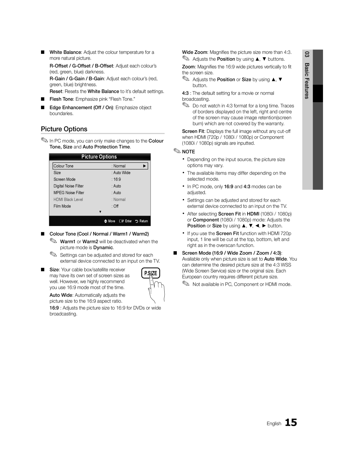 Samsung LE32C530, LE46C530, LE40C530, LE37C530 user manual Picture Options, Film Mode Off 