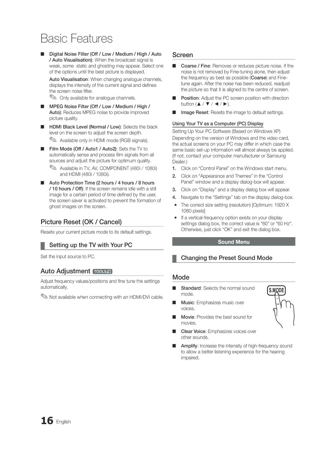Samsung LE46C530, LE40C530, LE37C530 Picture Reset OK / Cancel, Screen, Auto Adjustment t, Setting up the TV with Your PC 