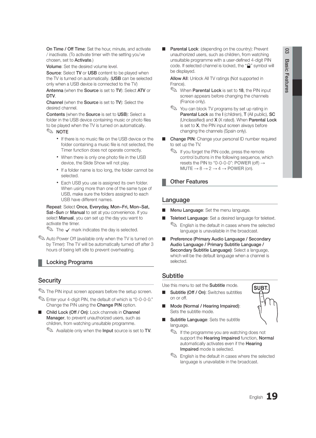 Samsung LE32C530, LE46C530, LE40C530, LE37C530 user manual Language, Security, Subtitle, Locking Programs 