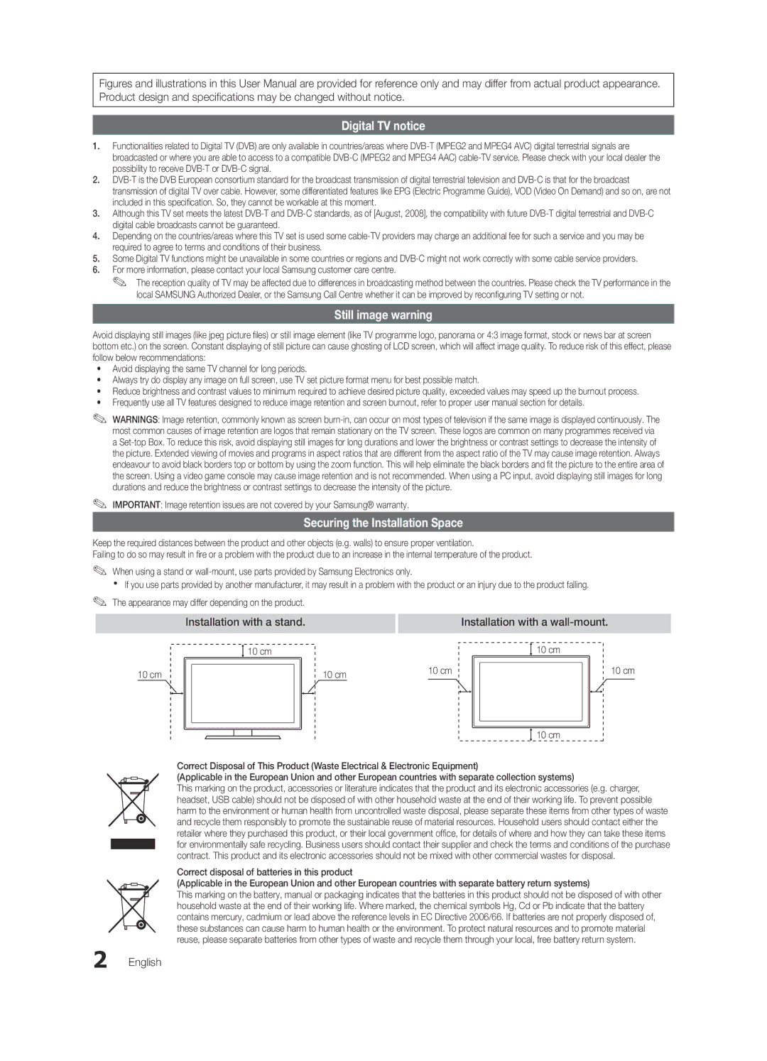 Samsung LE37C530, LE46C530, LE40C530, LE32C530 user manual Installation with a wall-mount, 10 cm 