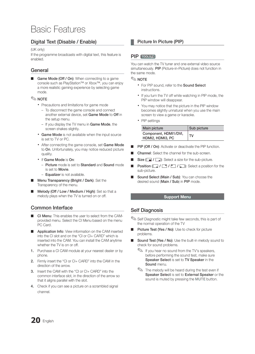 Samsung LE46C530, LE40C530, LE37C530 Digital Text Disable / Enable, General, PIP t, Common Interface, Self Diagnosis 