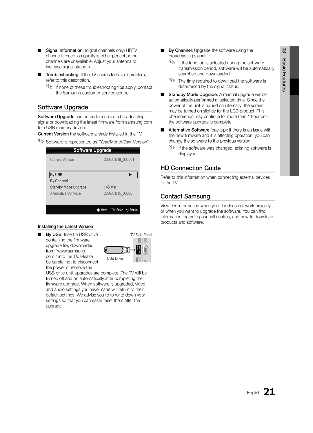 Samsung LE40C530, LE46C530, LE37C530, LE32C530 user manual Software Upgrade, HD Connection Guide, Contact Samsung 