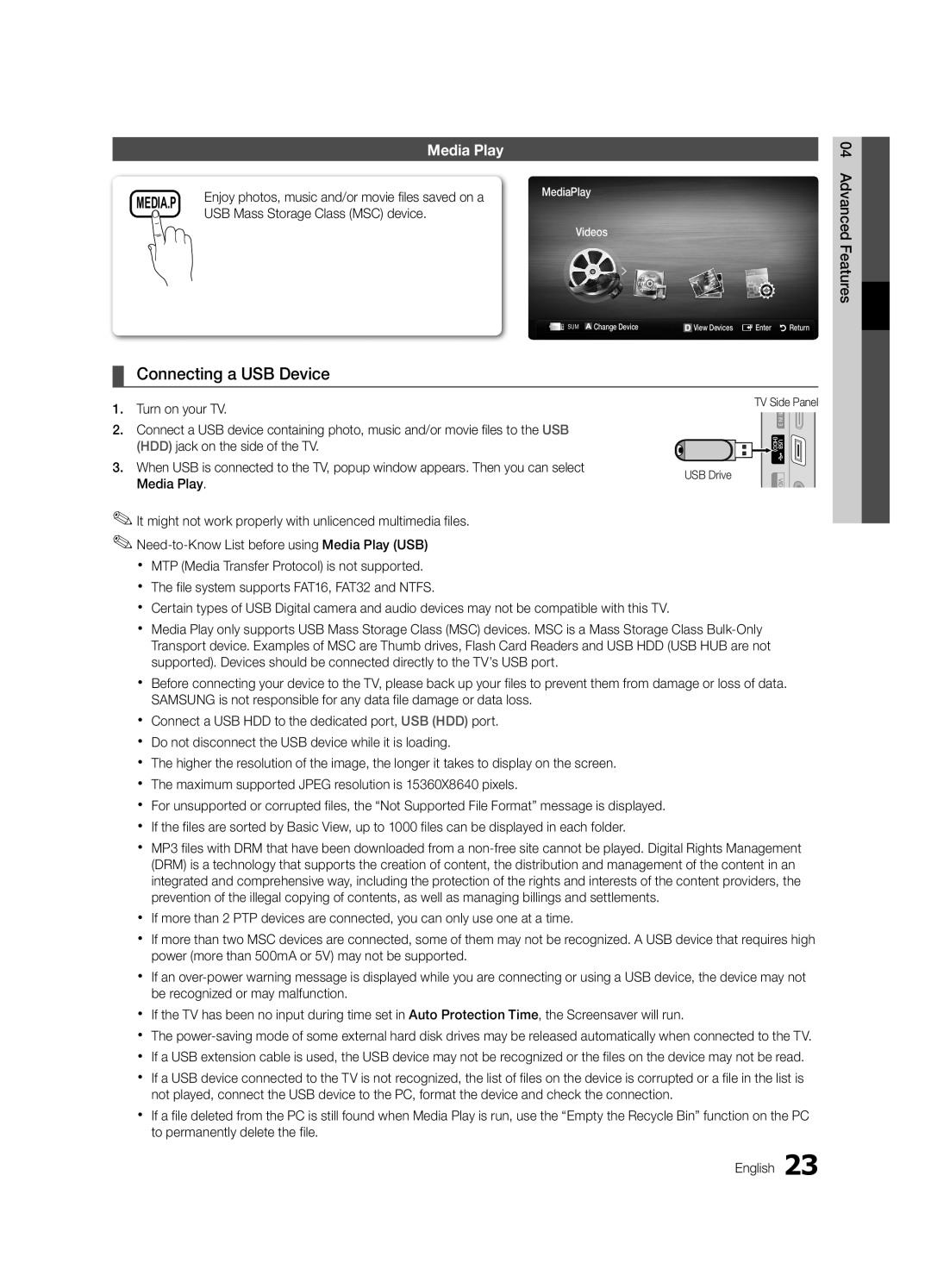 Samsung LE32C530, LE46C530, LE40C530, LE37C530 user manual Connecting a USB Device, Media Play 