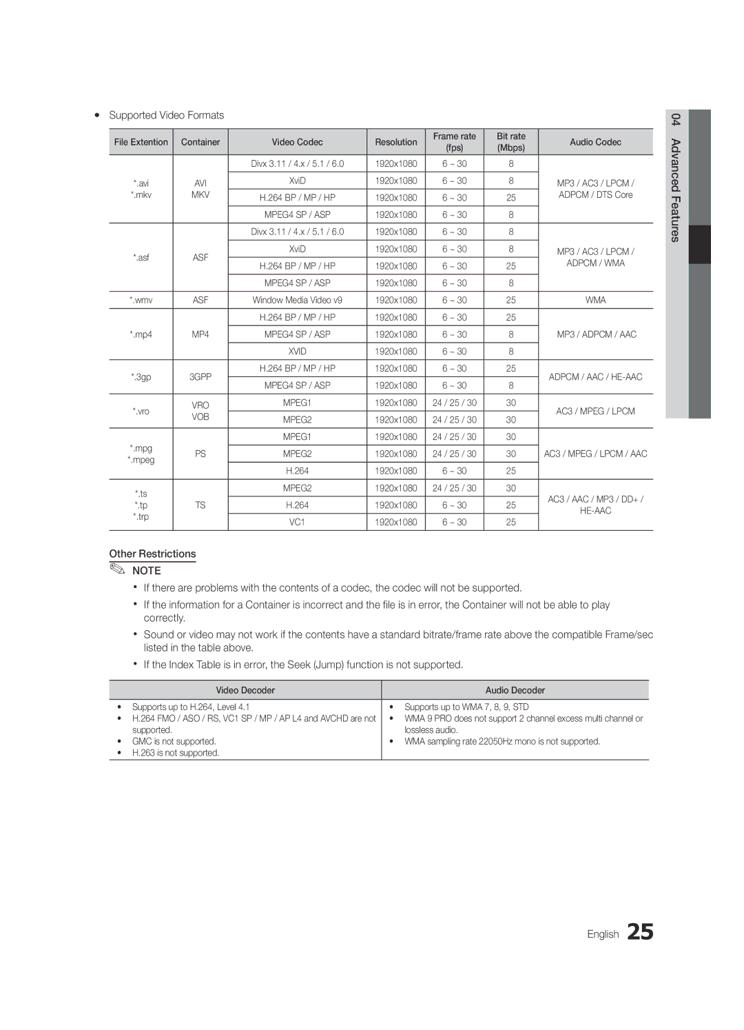 Samsung LE40C530, LE46C530, LE37C530, LE32C530 user manual Yy Supported Video Formats, Advanced Features English 