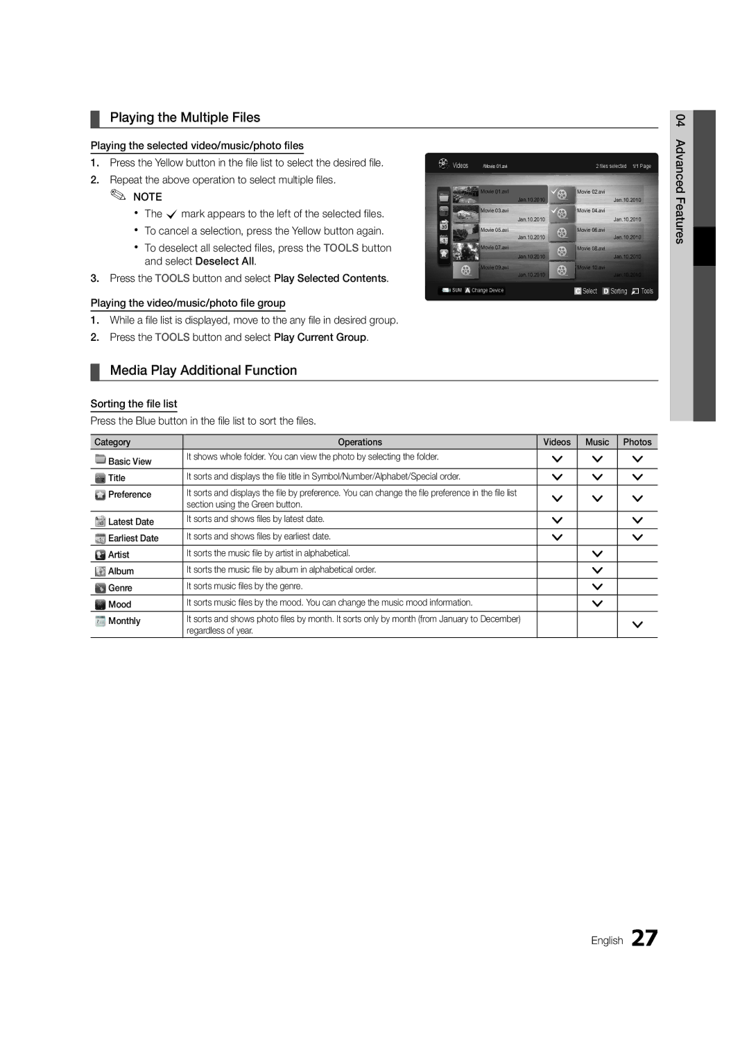 Samsung LE32C530, LE46C530 Playing the Multiple Files, Media Play Additional Function, Section using the Green button 