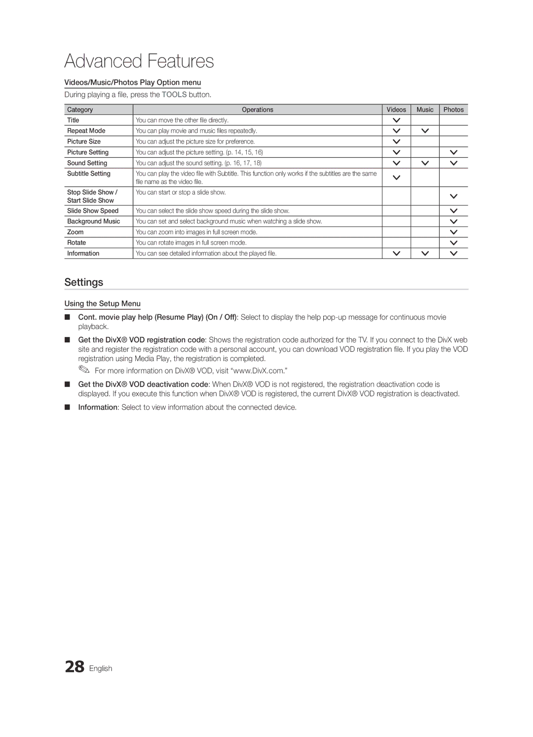 Samsung LE46C530, LE40C530, LE37C530, LE32C530 user manual Settings 