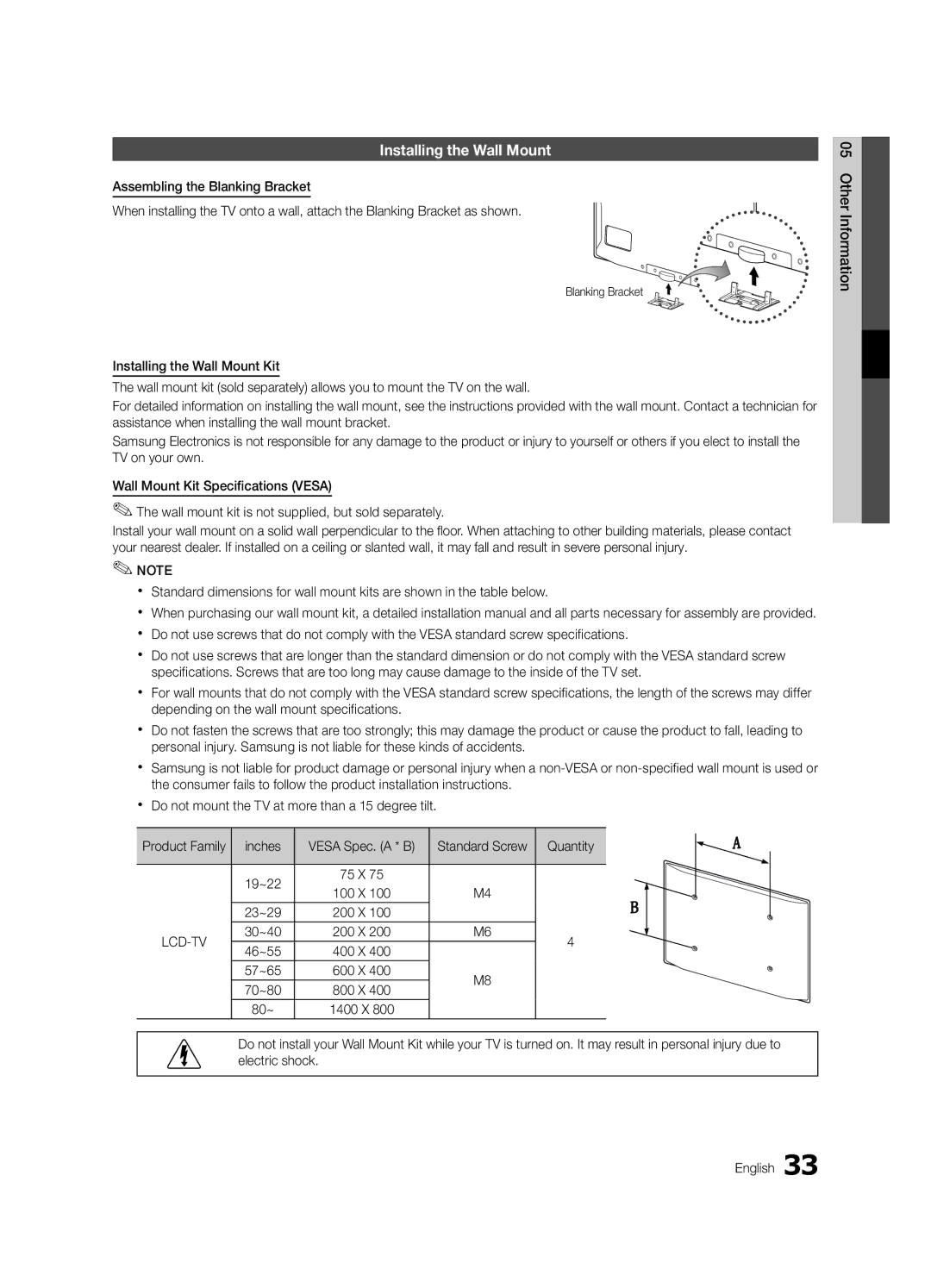 Samsung LE40C530, LE46C530, LE37C530, LE32C530 user manual Installing the Wall Mount, Inches, Quantity, 80~ 