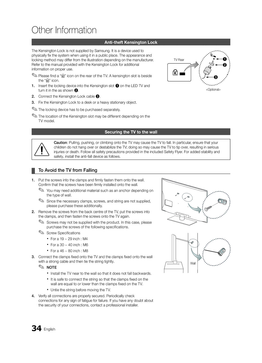 Samsung LE37C530, LE46C530 To Avoid the TV from Falling, Anti-theft Kensington Lock, Securing the TV to the wall, TV Rear 