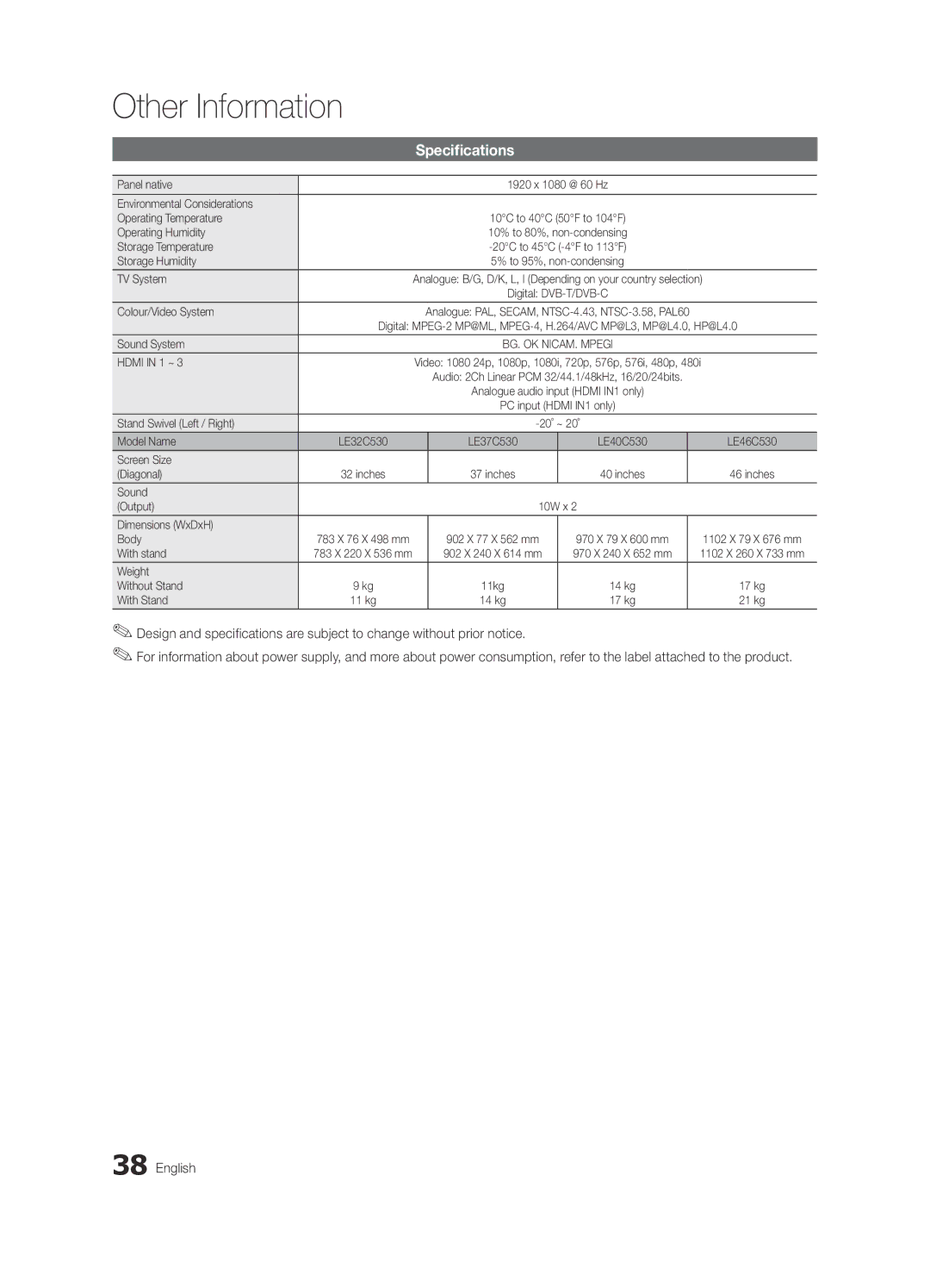 Samsung LE37C530, LE46C530, LE40C530, LE32C530 user manual Specifications 