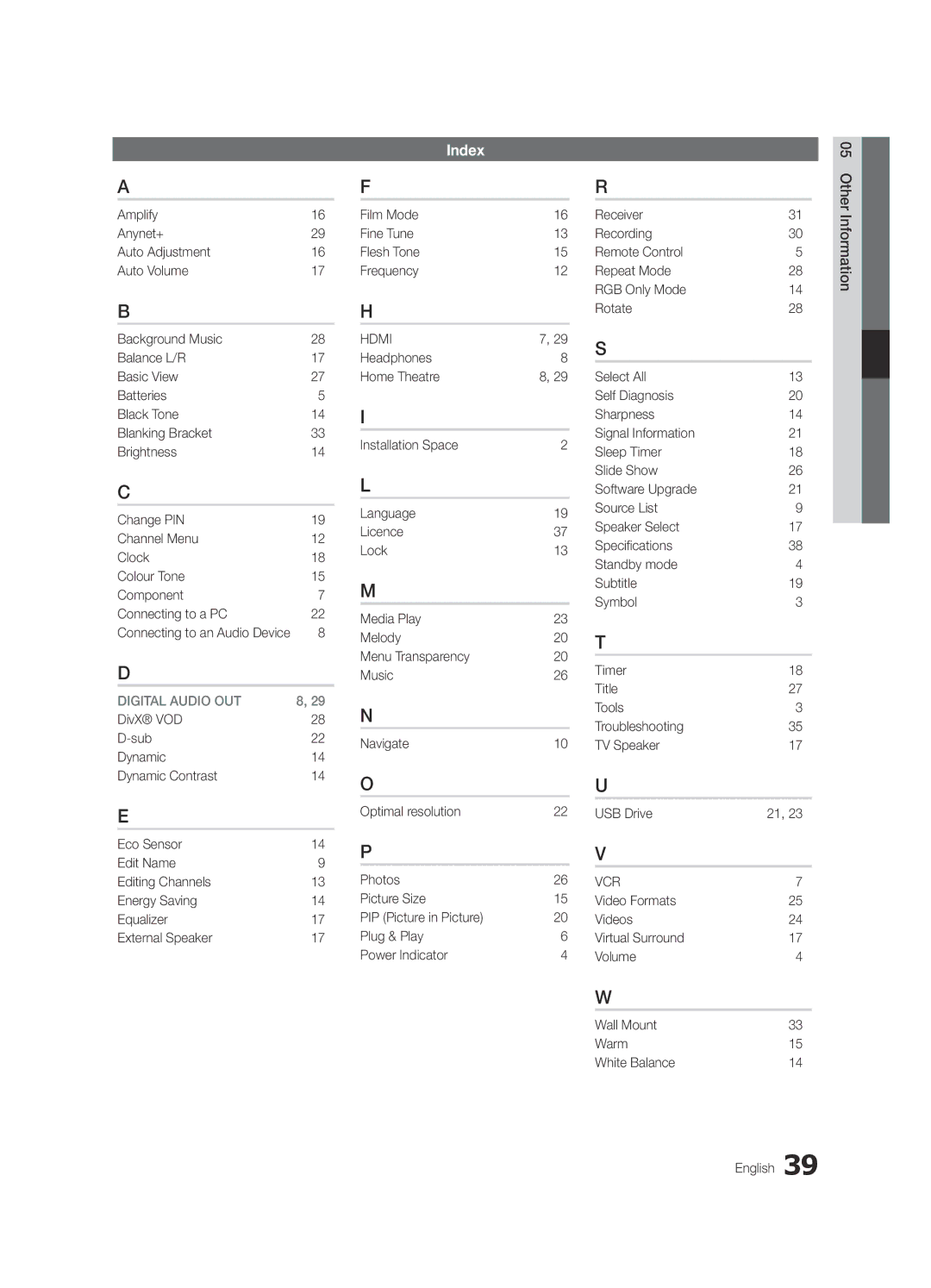 Samsung LE32C530, LE46C530, LE40C530 Index, Film Mode Fine Tune Flesh Tone Frequency, Connecting to an Audio Device 