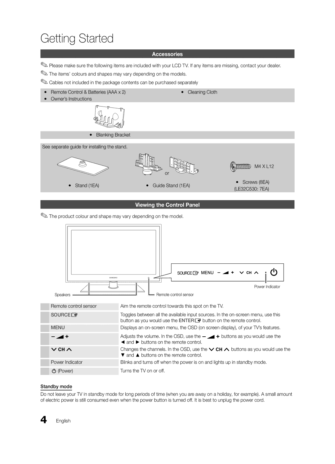 Samsung LE46C530, LE40C530, LE37C530, LE32C530 user manual Getting Started, Accessories, Viewing the Control Panel 