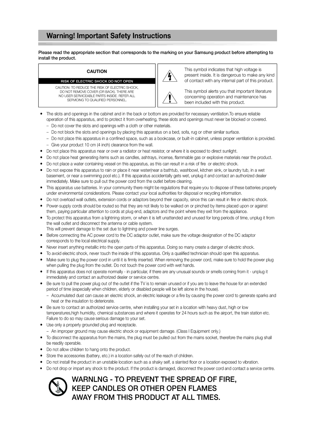 Samsung LE46C530, LE40C530, LE37C530, LE32C530 user manual Risk of Electric Shock do not Open 