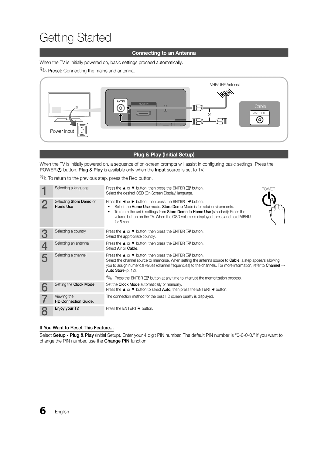 Samsung LE37C530, LE46C530, LE40C530, LE32C530 user manual Connecting to an Antenna, Plug & Play Initial Setup, Power Input 