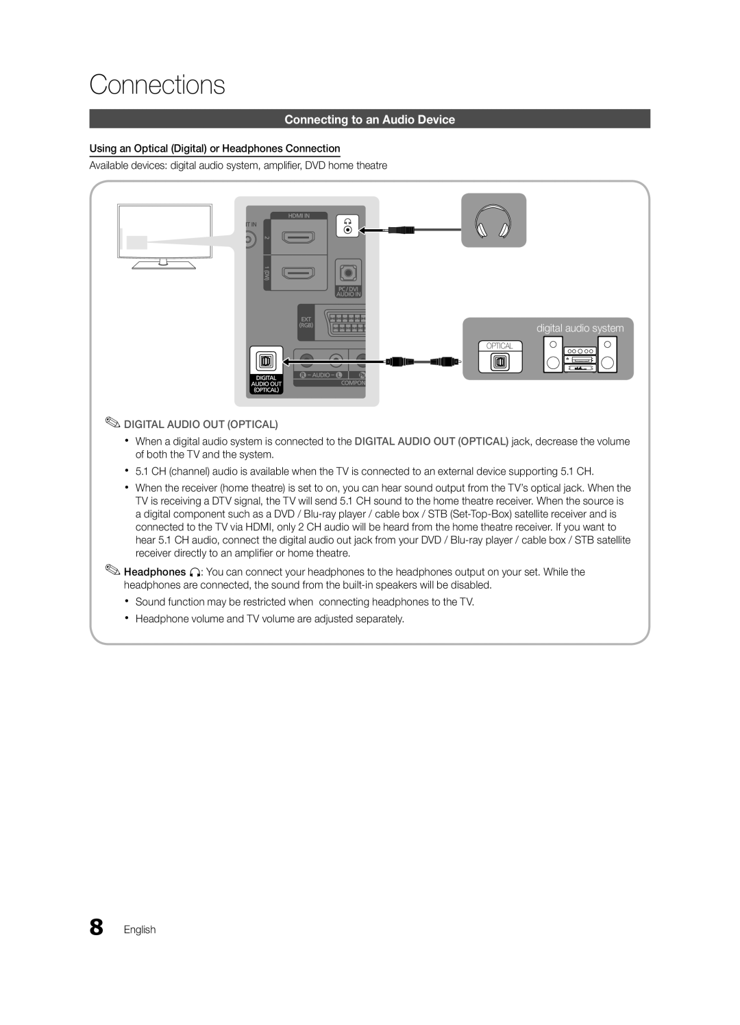 Samsung LE46C530, LE40C530, LE37C530, LE32C530 user manual Connecting to an Audio Device, Digital Audio OUT Optical 