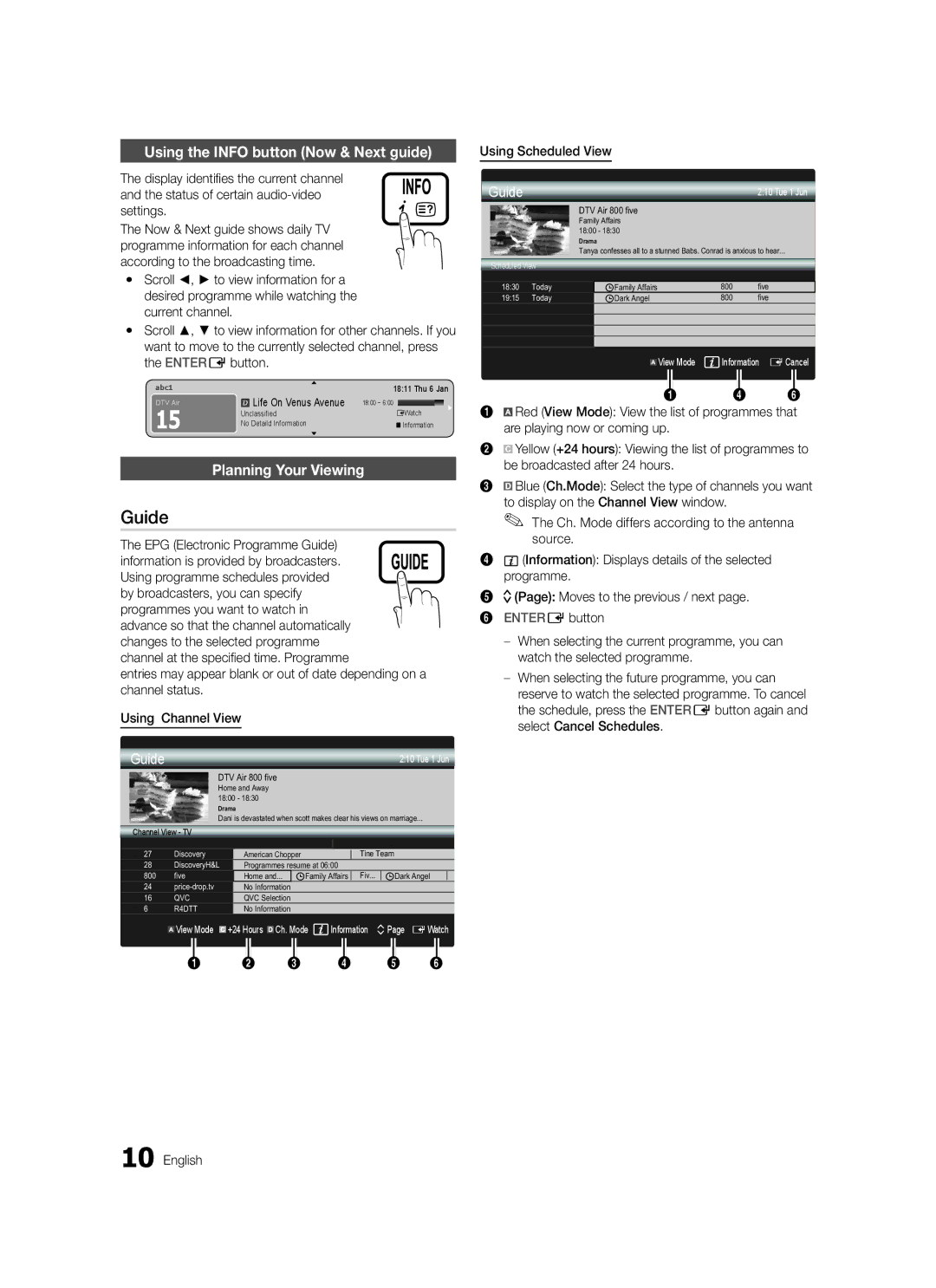 Samsung LE37C570, LE46C579 Guide, Using the Info button Now & Next guide, Planning Your Viewing, Using Scheduled View 